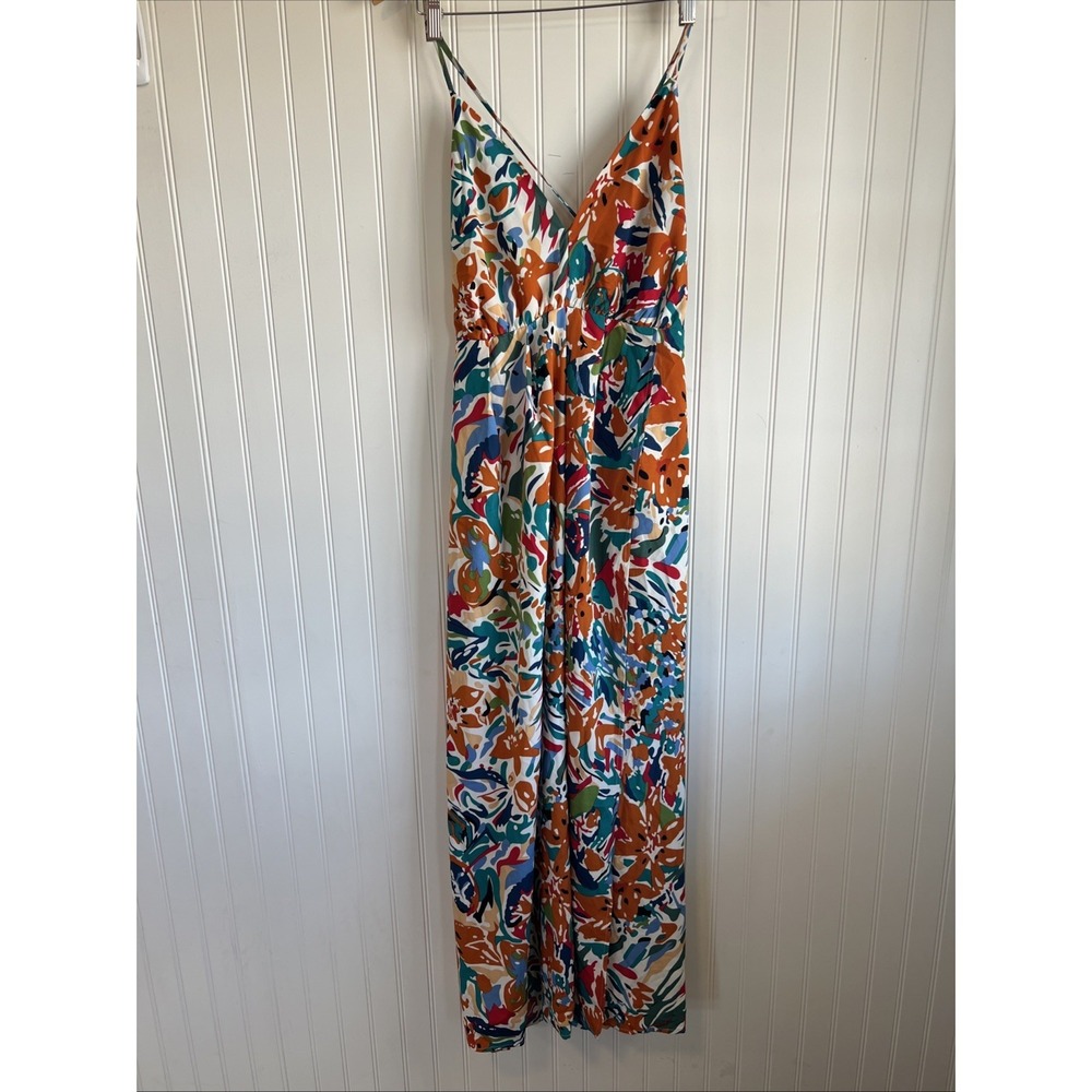Simplee Open Back Abstract Floral Print Maxi Dress Spaghetti Straps High Slit L